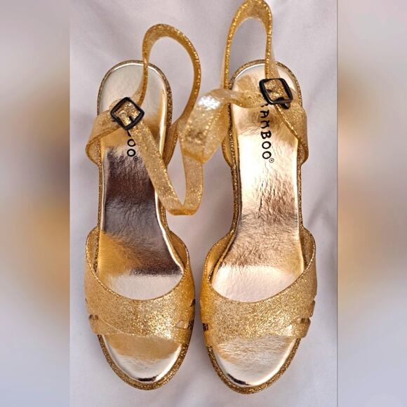 Sz 8 Gold Glitter Jelly Block High Heel Sandals Shoes NEW Platform Meta… - Picture 1 of 8